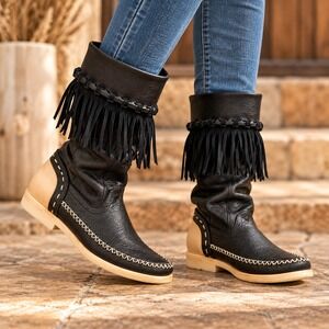 Rinaldi Italy Women's 40 Black Leather Fringe Moccasin Boots Western Boho US 10